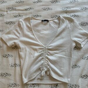 Zara Cream Ruched V-Neck Tee